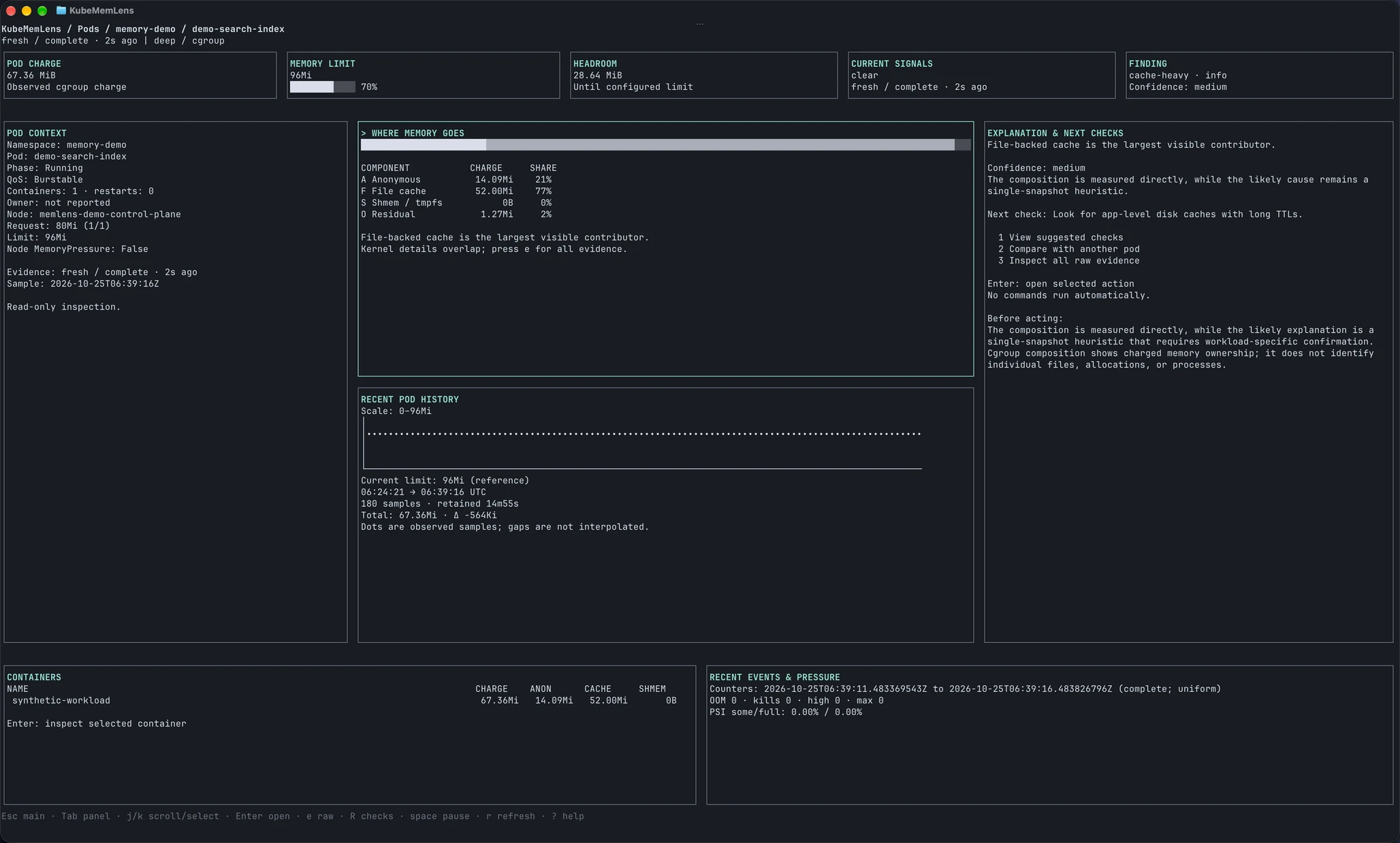 Pod dashboard for demo-search-index showing 77% file cache, retained history and suggested checks